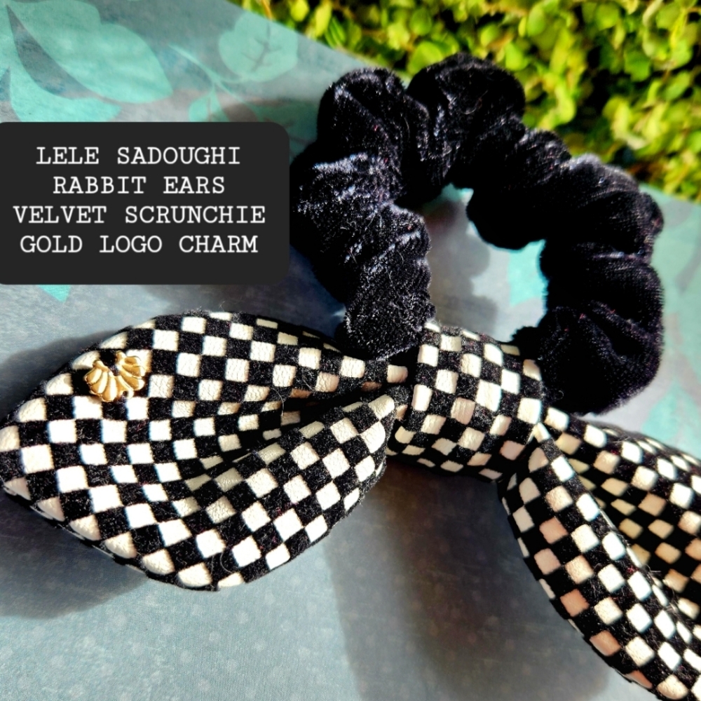 LELE SADOUGHI B & W Checked Velvet Rabbit Ears Hair Ponytail BLACK Scrunchie NEW